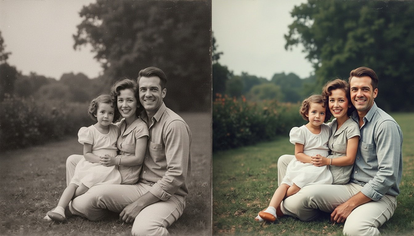 Een oude familiefoto die zorgvuldig wordt gerestaureerd